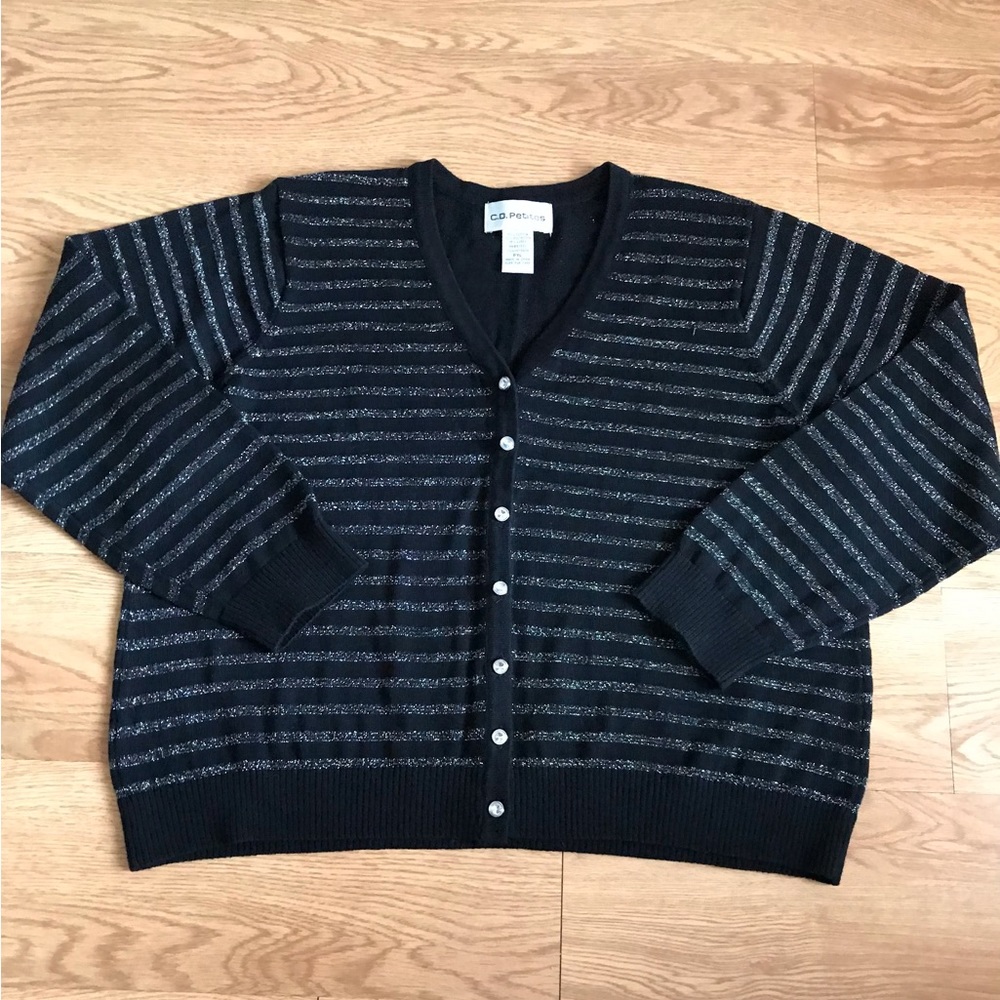 6/$20 Cathy Daniel’s Petites Button Up Black Cardigan Sweater, Silver Stripes